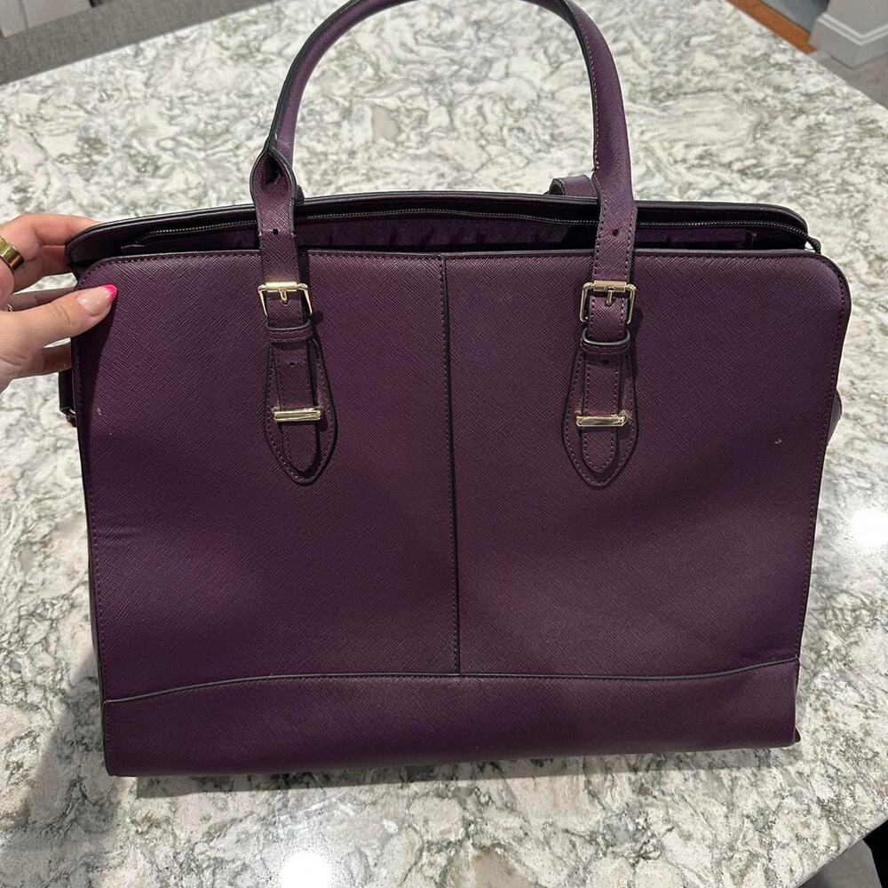Purple leather tote bag